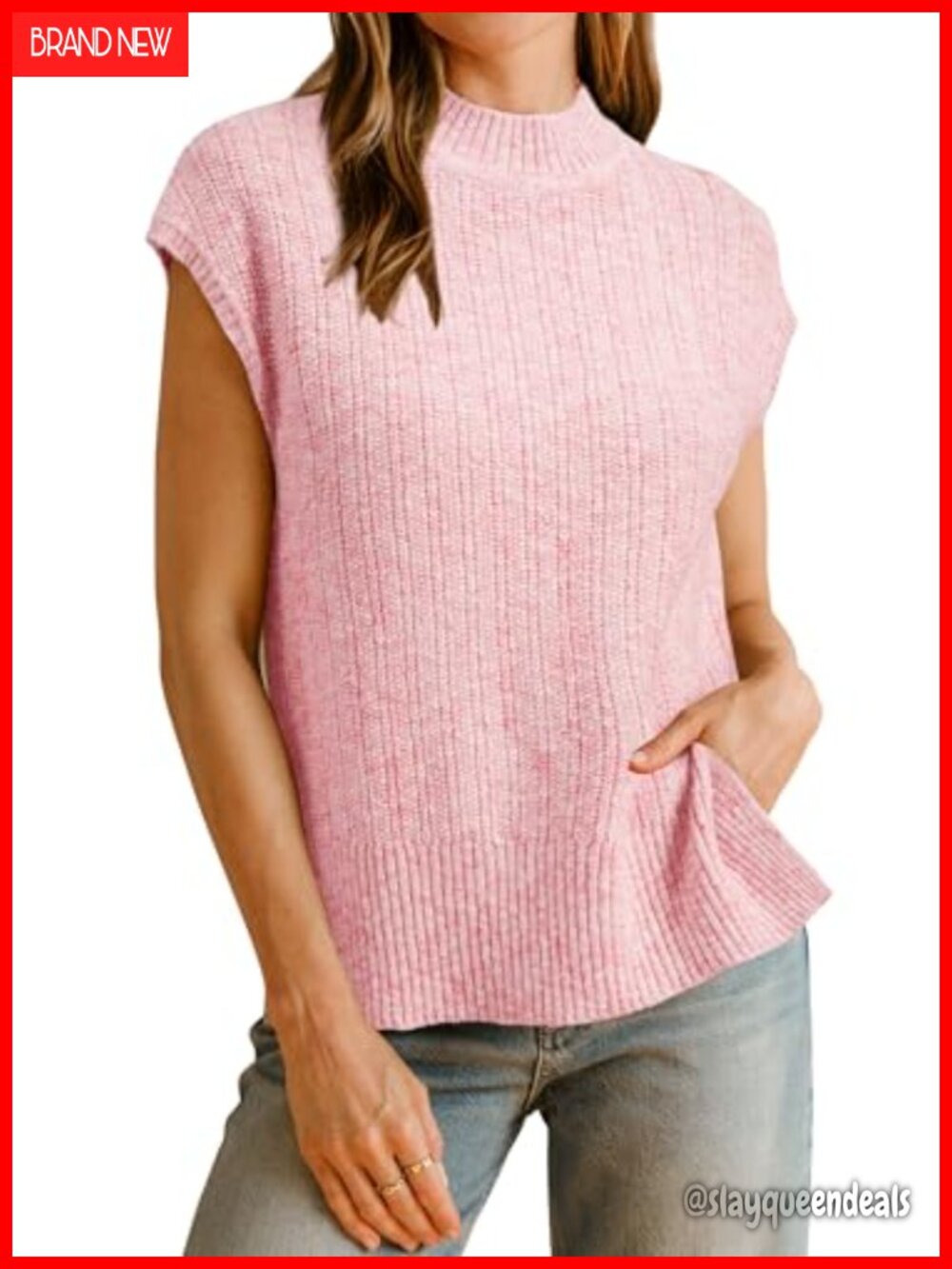 Cotton Blend Cap Sleeve Sweater Vest Side Slit Casual Layering Top